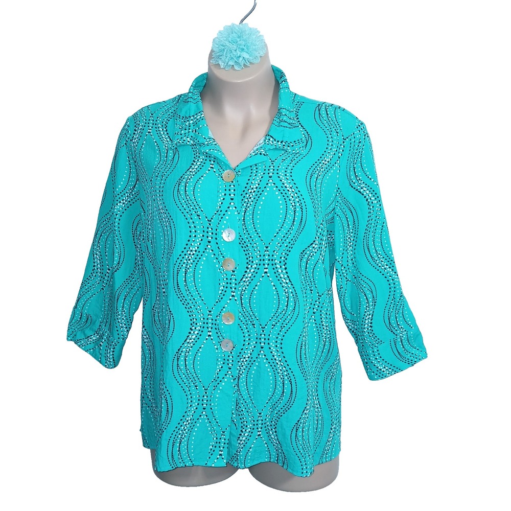 Ali Miles Women Button Up Tunic Top 2X Green Wavy Dot Lagenlook Boxy Relaxed